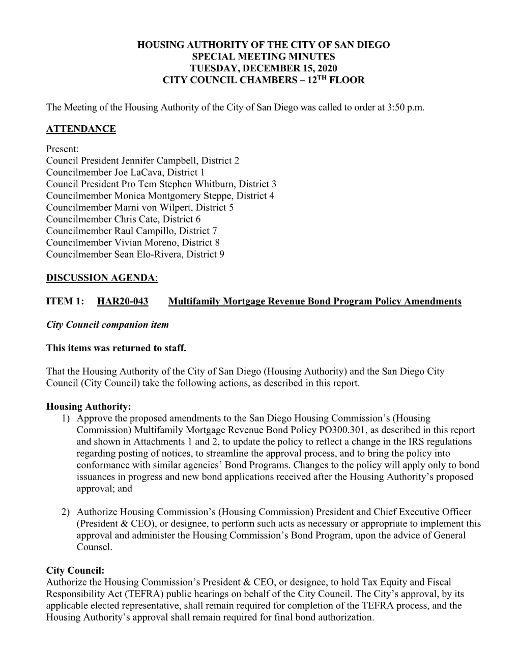 Minutes Tuesday, December 15, 2020 City Council Chambers – 12Th Floor