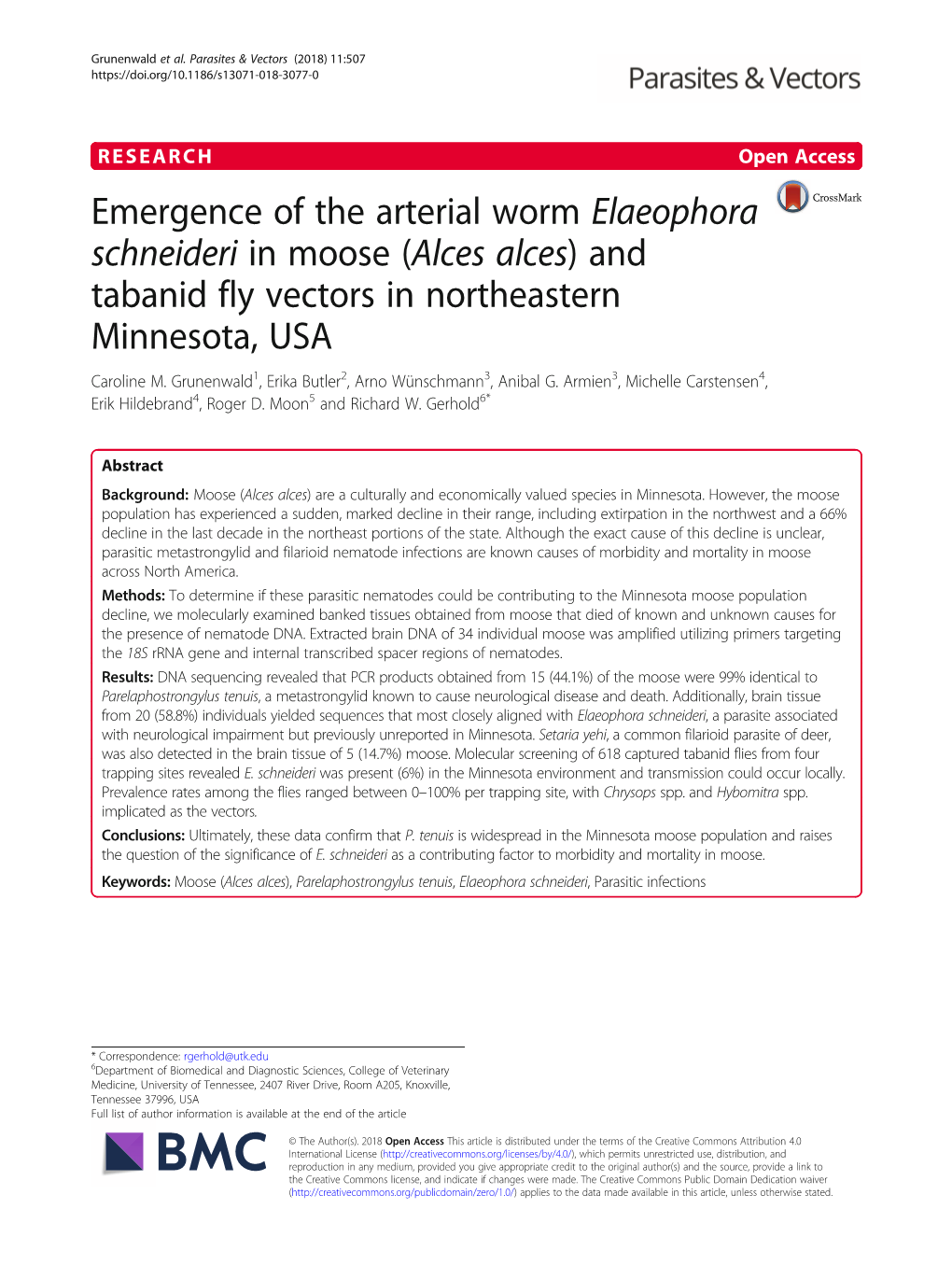 Emergence of the Arterial Worm Elaeophora Schneideri in Moose (Alces Alces) and Tabanid Fly Vectors in Northeastern Minnesota, USA Caroline M