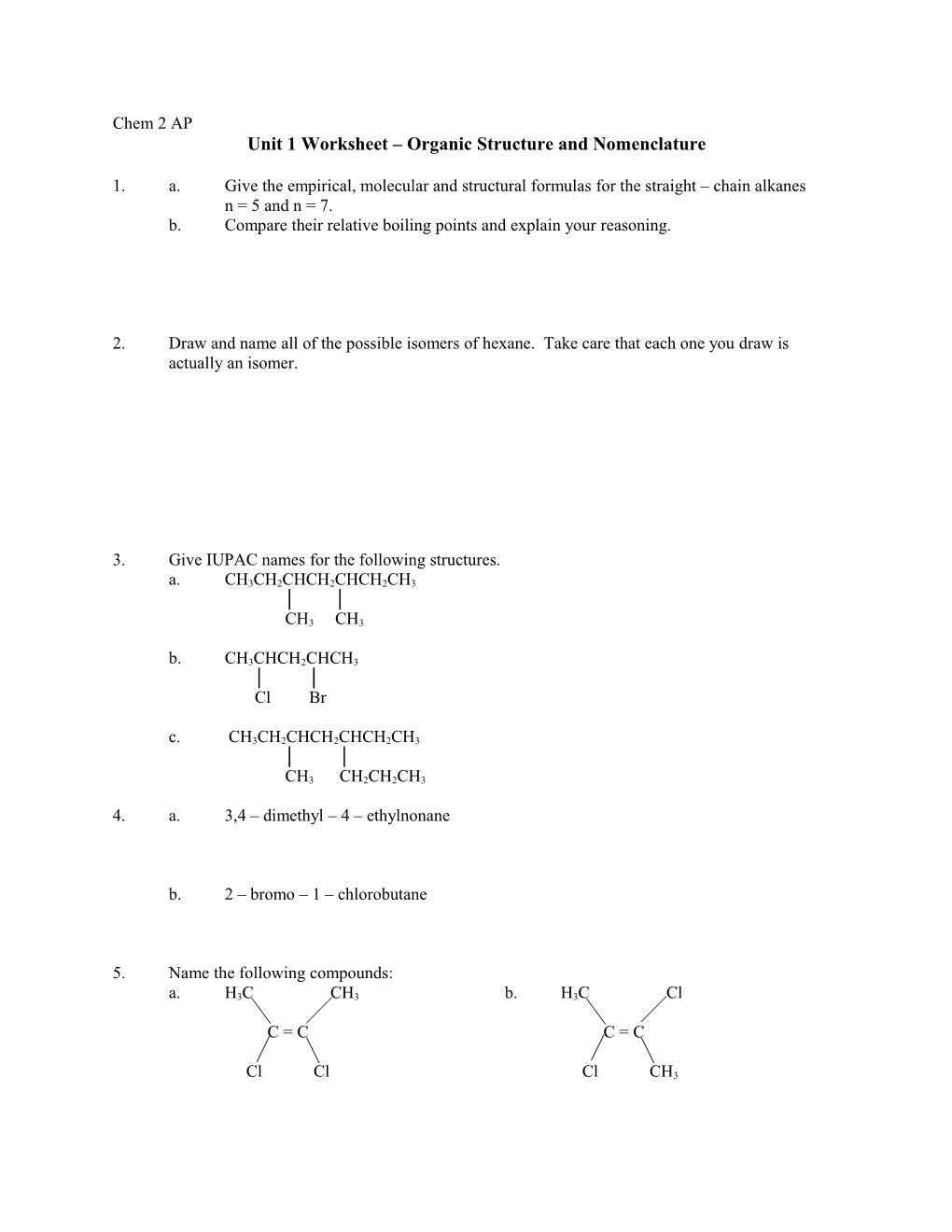 Unit 1 Worksheet Organic Structure and Nomenclature