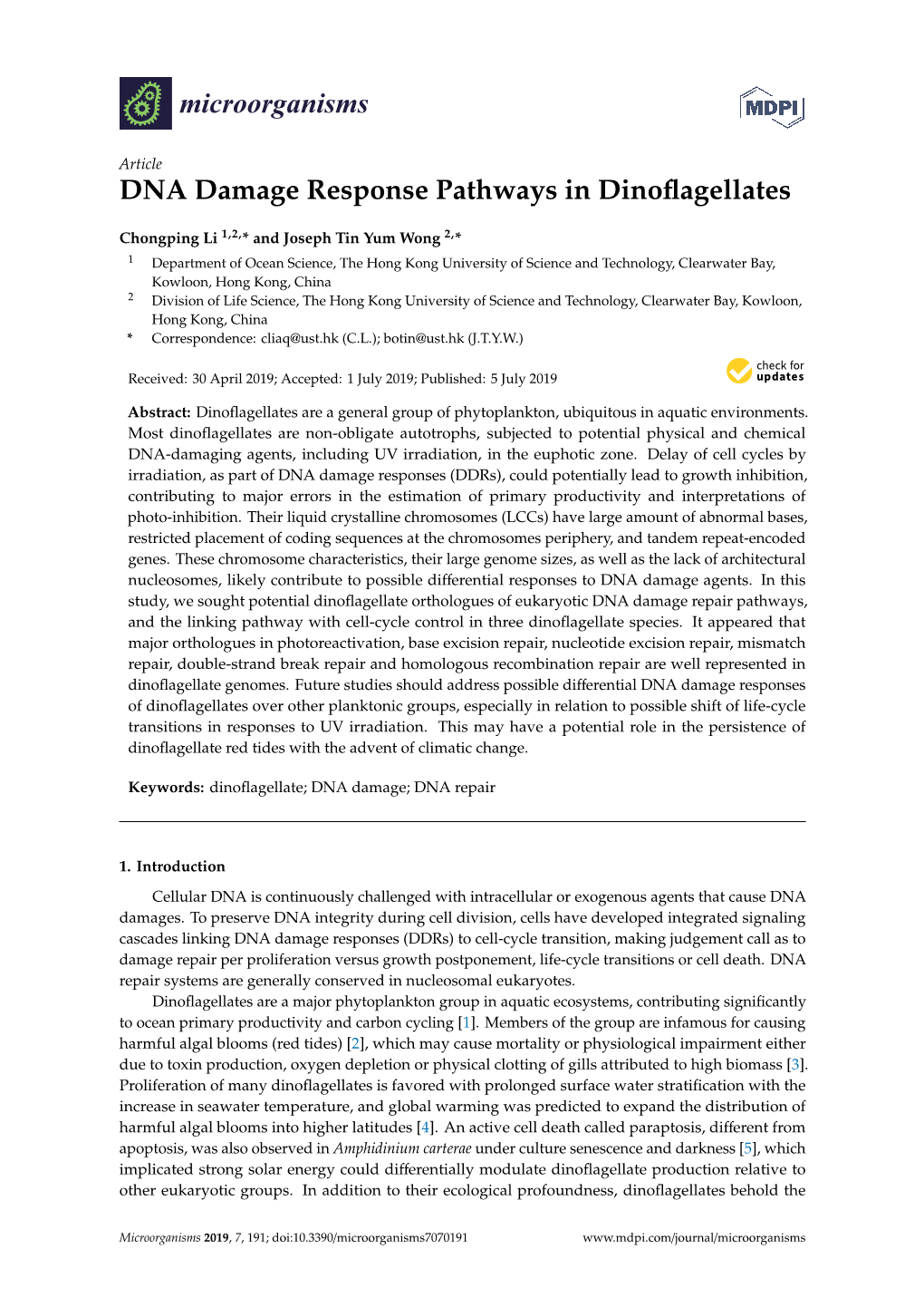 DNA Damage Response Pathways in Dinoflagellates