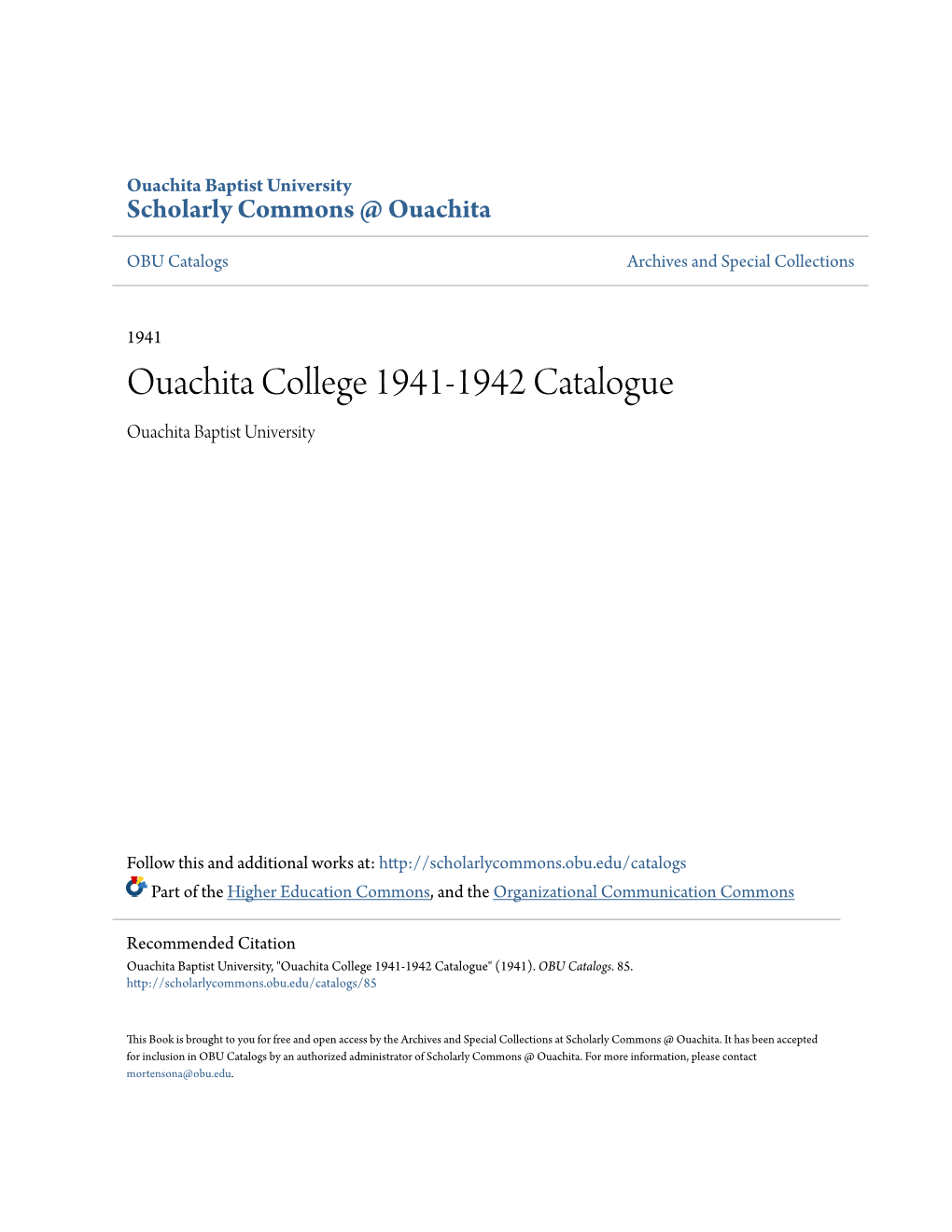 Ouachita College 1941-1942 Catalogue Ouachita Baptist University