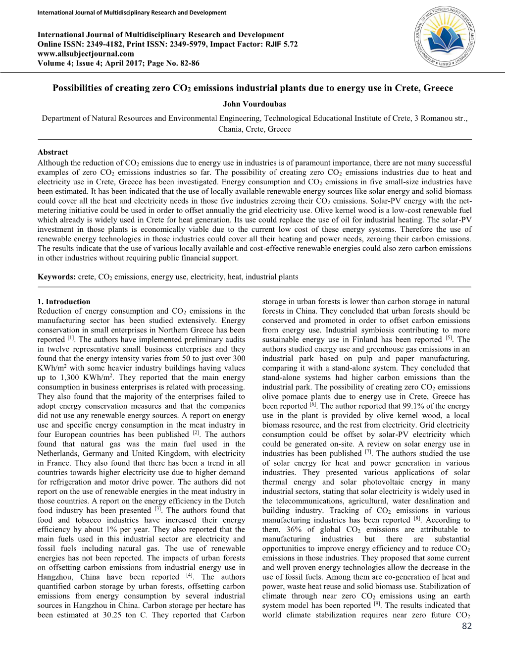 82 Possibilities of Creating Zero CO2 Emissions Industrial Plants Due to Energy Use in Crete, Greece