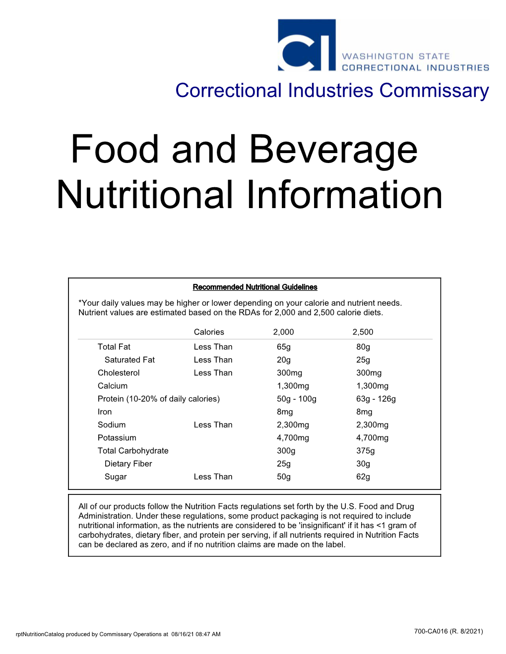 Correctional Industries Nutrition Catalog (700-CA016)