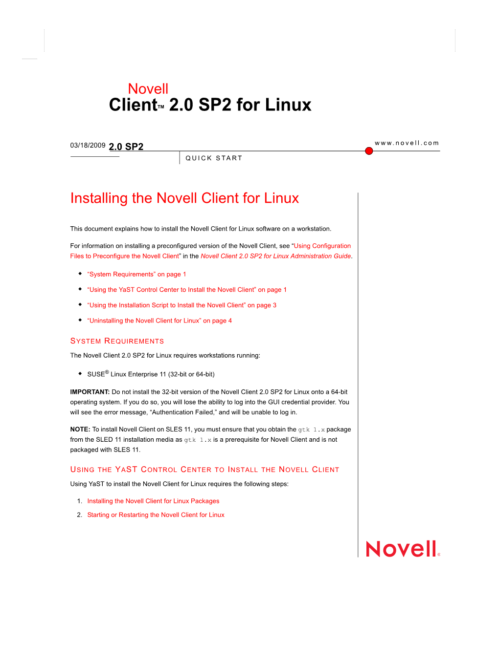 Novell Client 2.0 SP2 for Linux Installation Quick Start