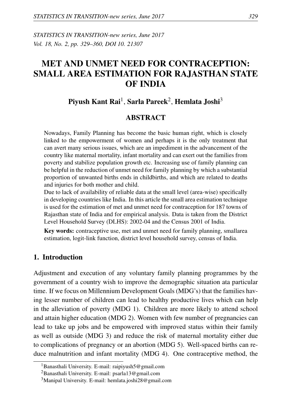 Met and Unmet Need for Contraception: Small Area Estimation for Rajasthan State of India