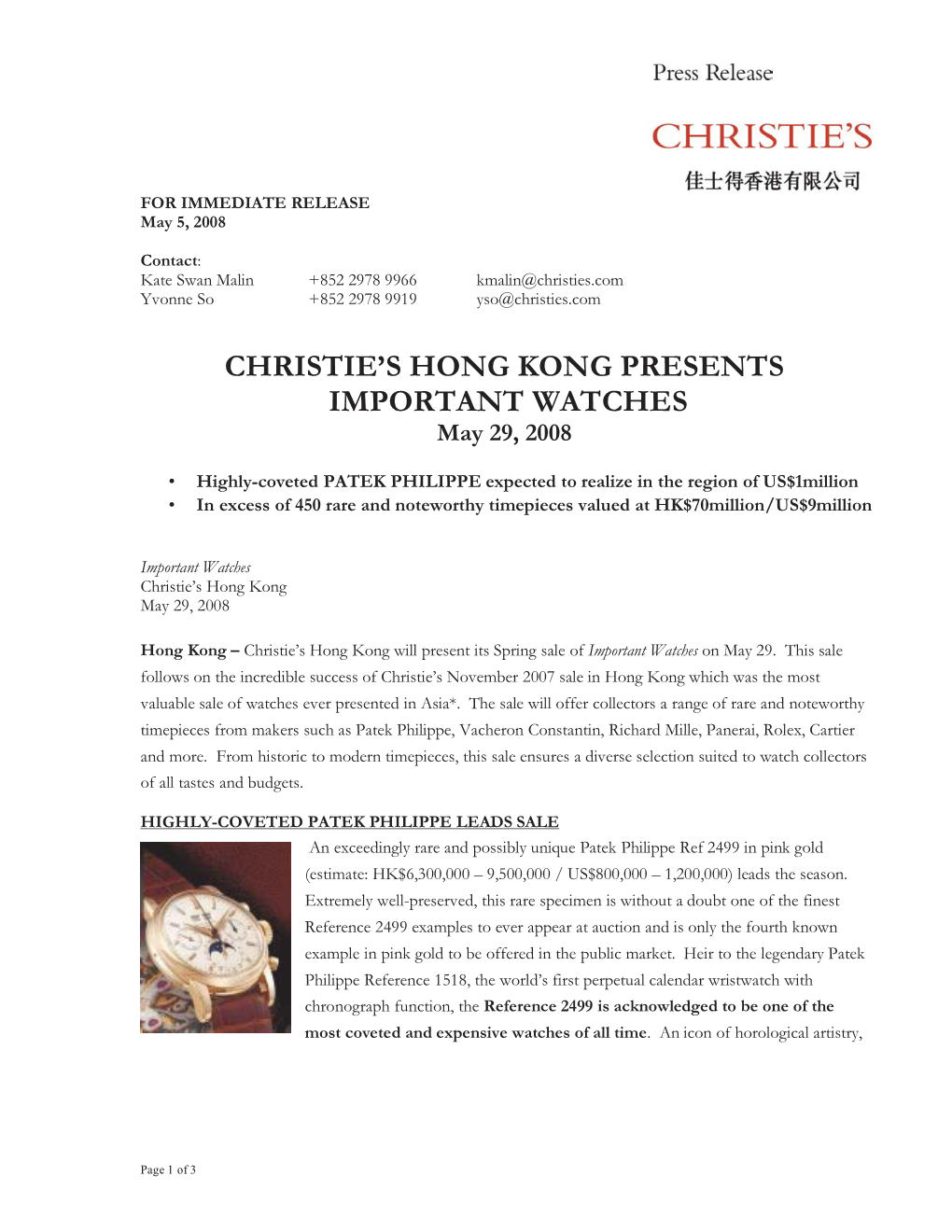 Christie's Hong Kong Presents Important Watches