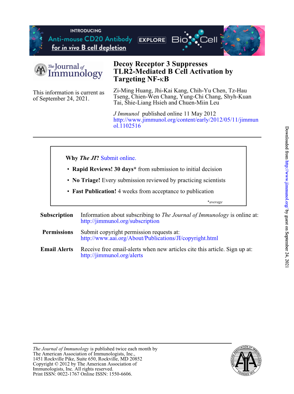 TLR2-Mediated B Cell Activation by Decoy Receptor 3 Suppresses