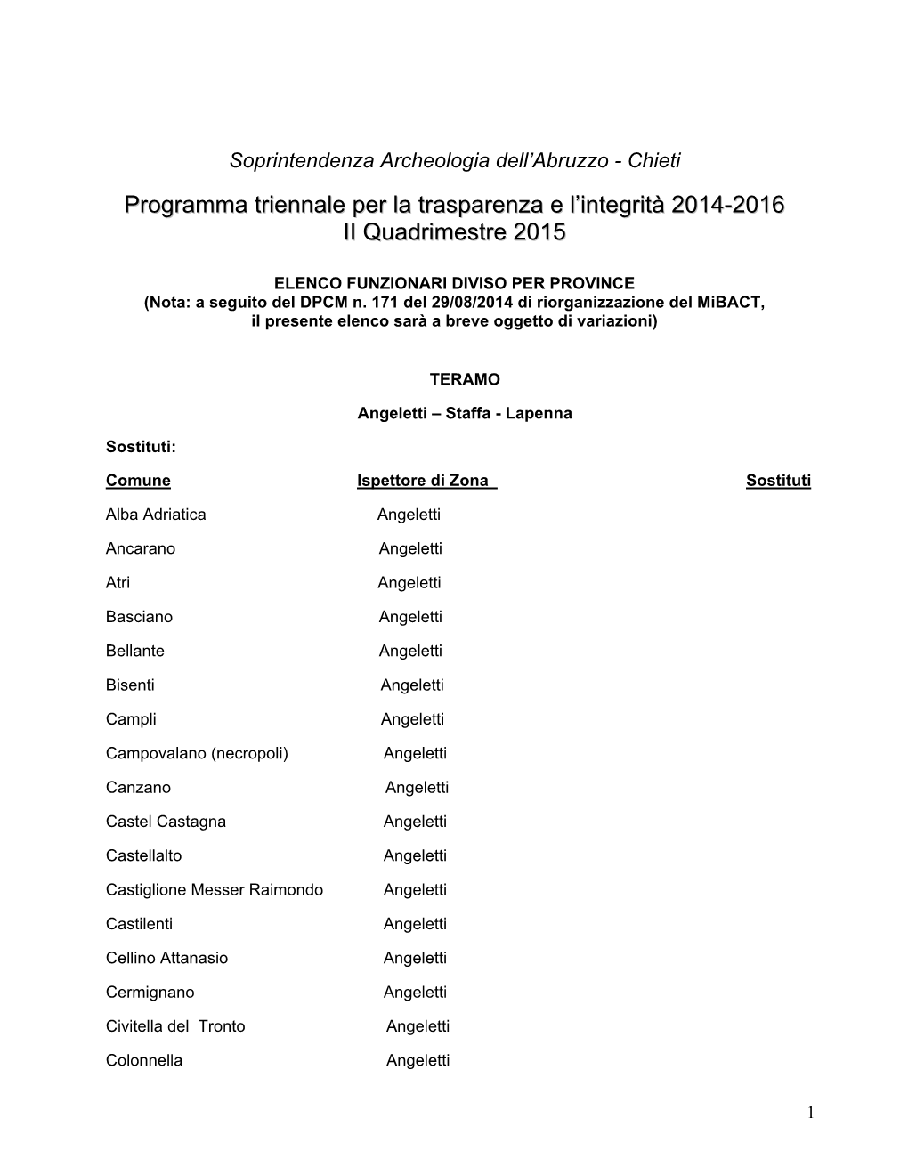 Programma Triennale Per La Trasparenza E L'integrità 2014-2016