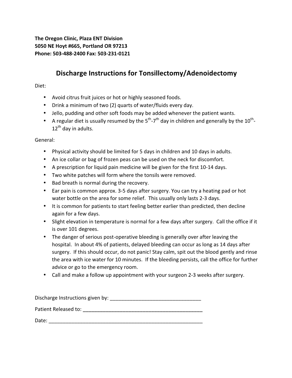 Discharge Instructions for Tonsillectomy/Adenoidectomy