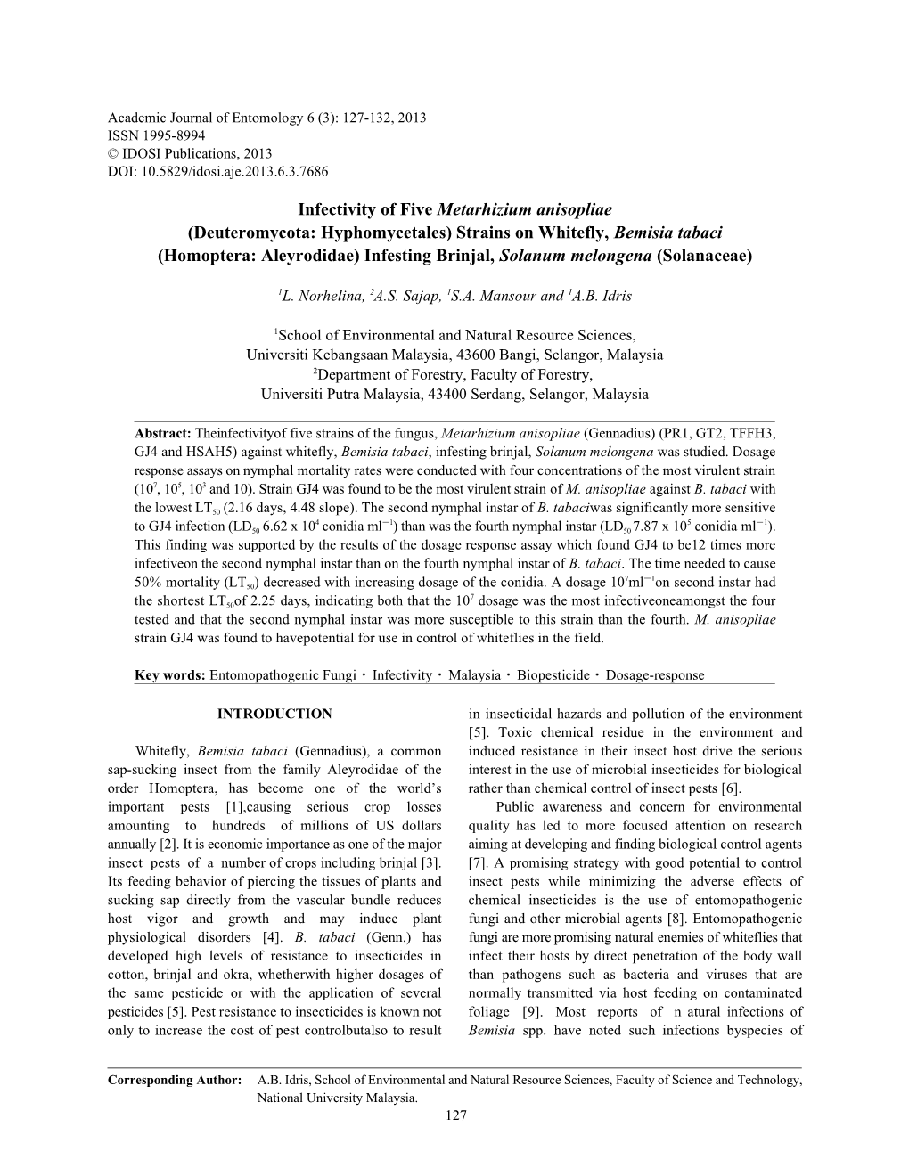 Infectivity of Five Metarhizium Anisopliae (Deuteromycota