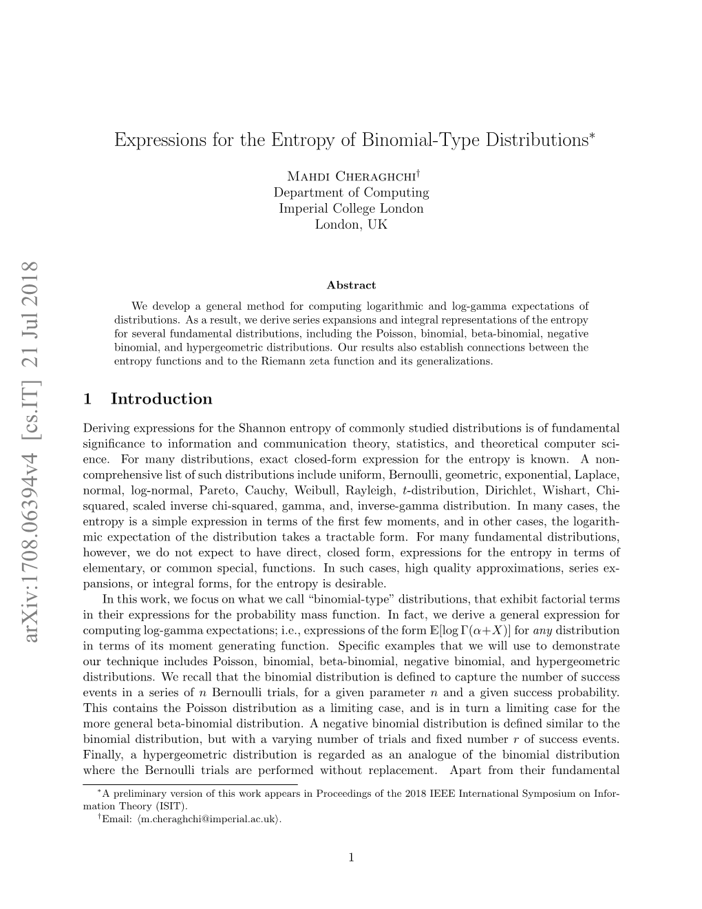 Expressions for the Entropy of Binomial-Type Distributions∗