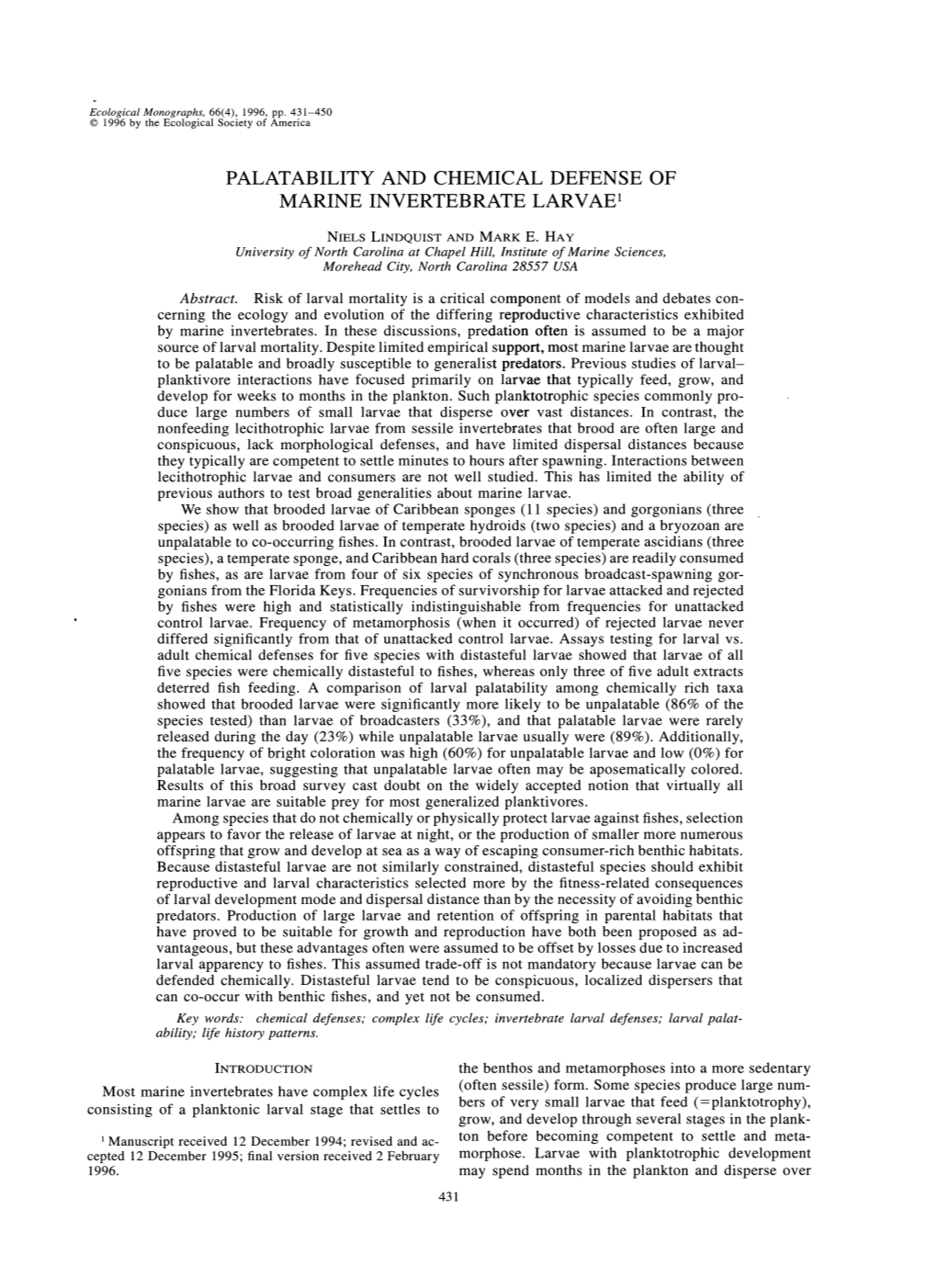 Palatability and Chemical Defense of Marine Invertebrate Larvae!