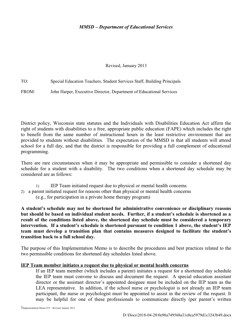 Implementation Memo #19 - Revised, September 2007