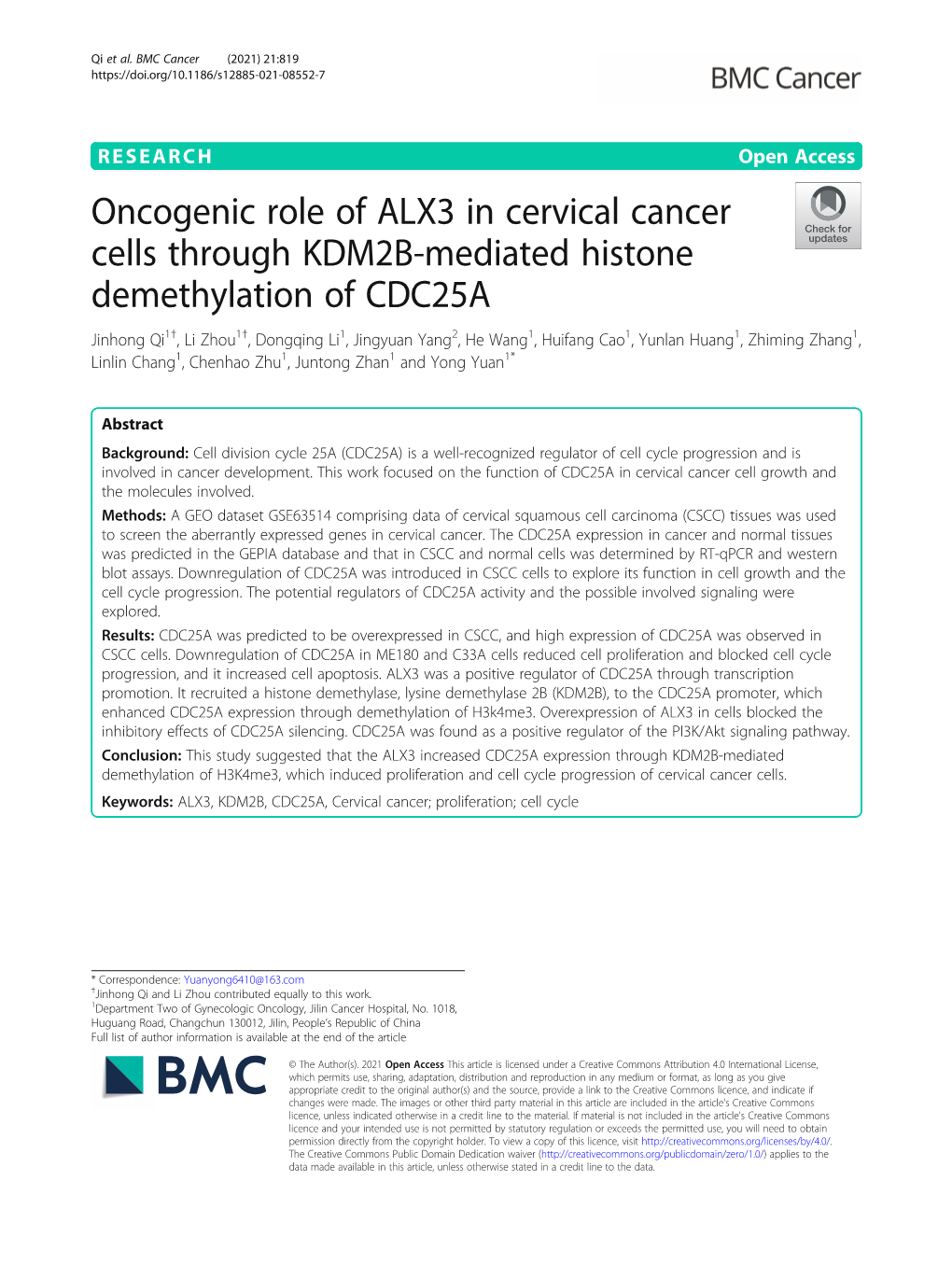 Oncogenic Role of ALX3 in Cervical Cancer Cells Through KDM2B