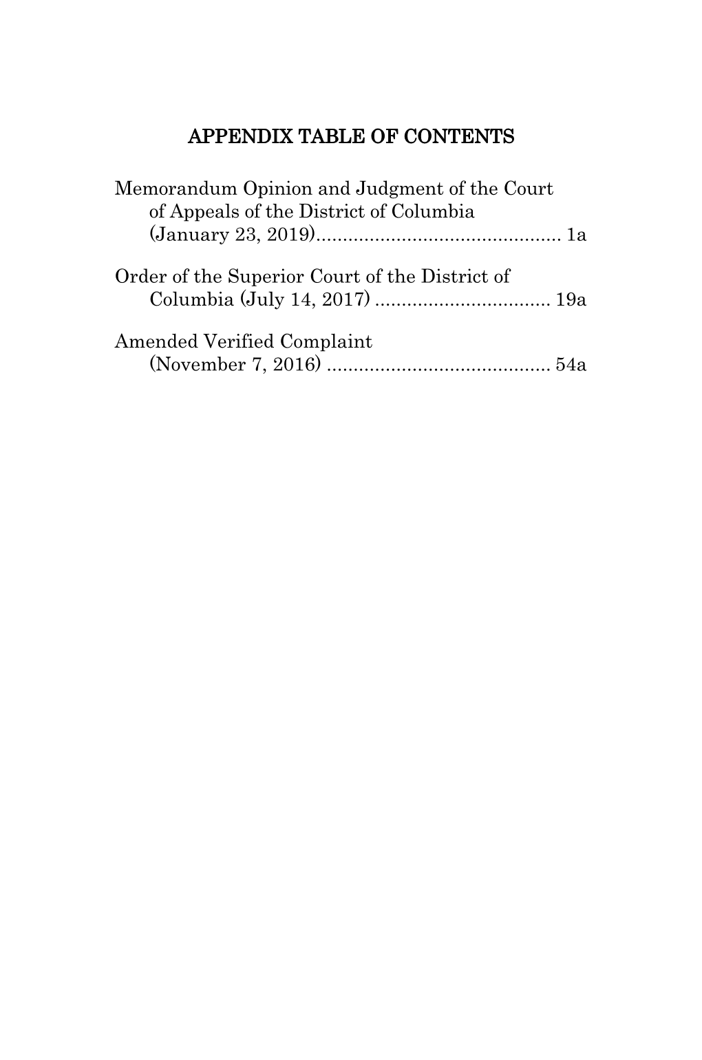APPENDIX TABLE of CONTENTS Memorandum Opinion And