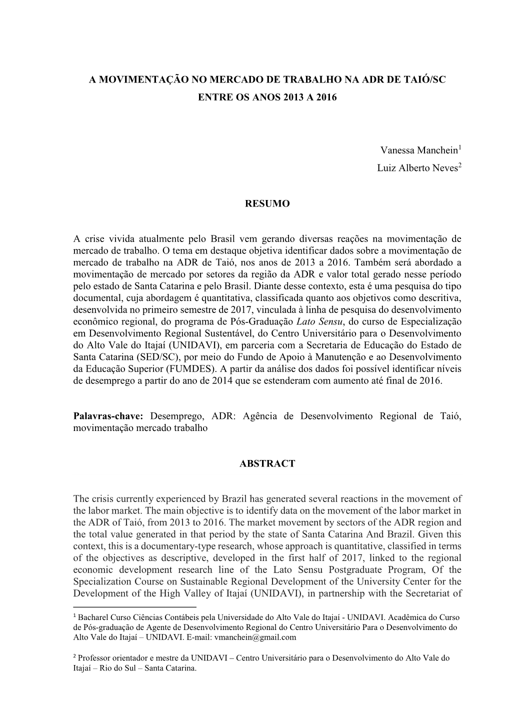 A Movimentação No Mercado De Trabalho Na Adr De Taió/Sc Entre Os Anos 2013 a 2016