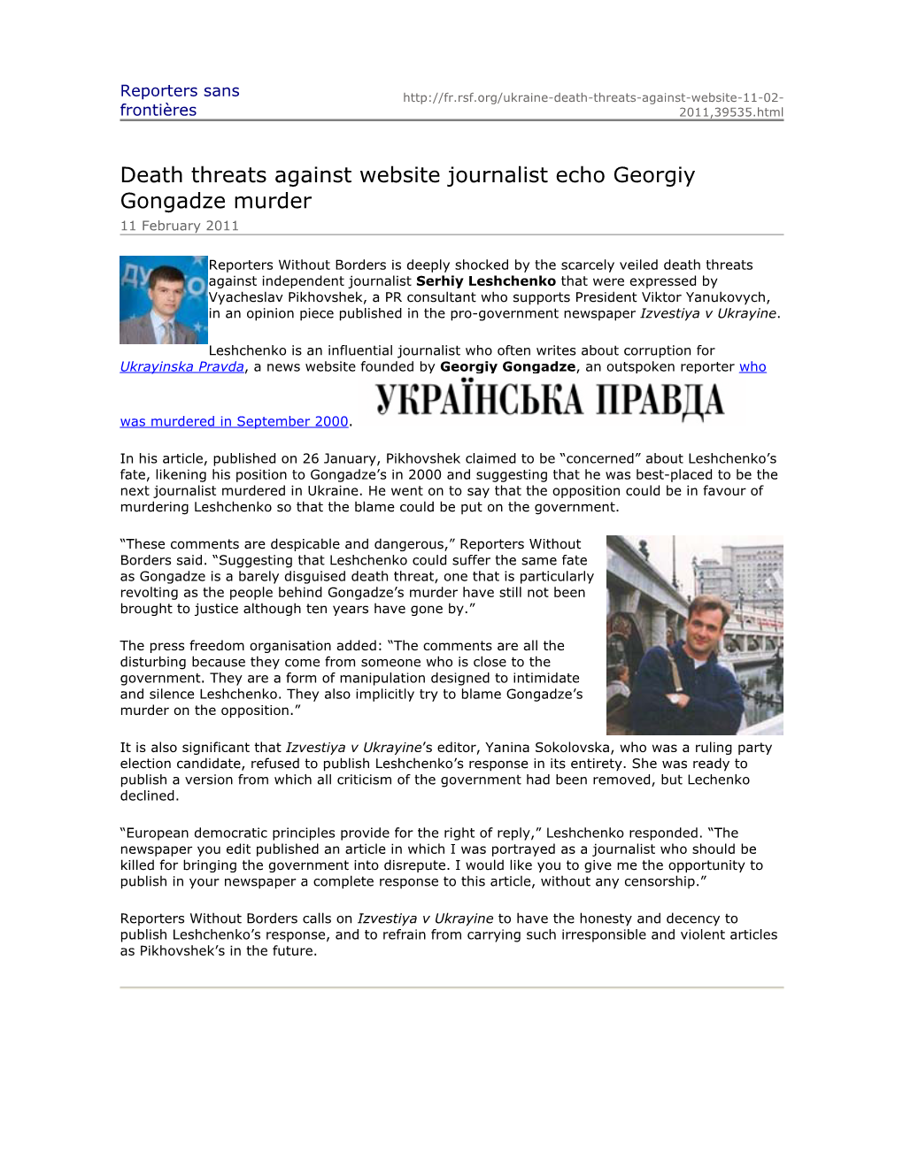 Death Threats Against Website Journalist Echo Georgiy Gongadze Murder 11 February 2011