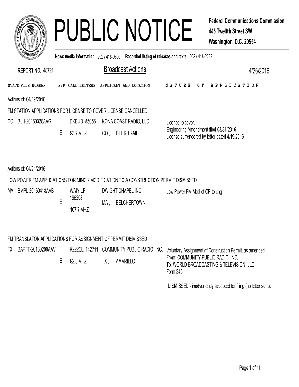 Broadcast Actions 4/26/2016