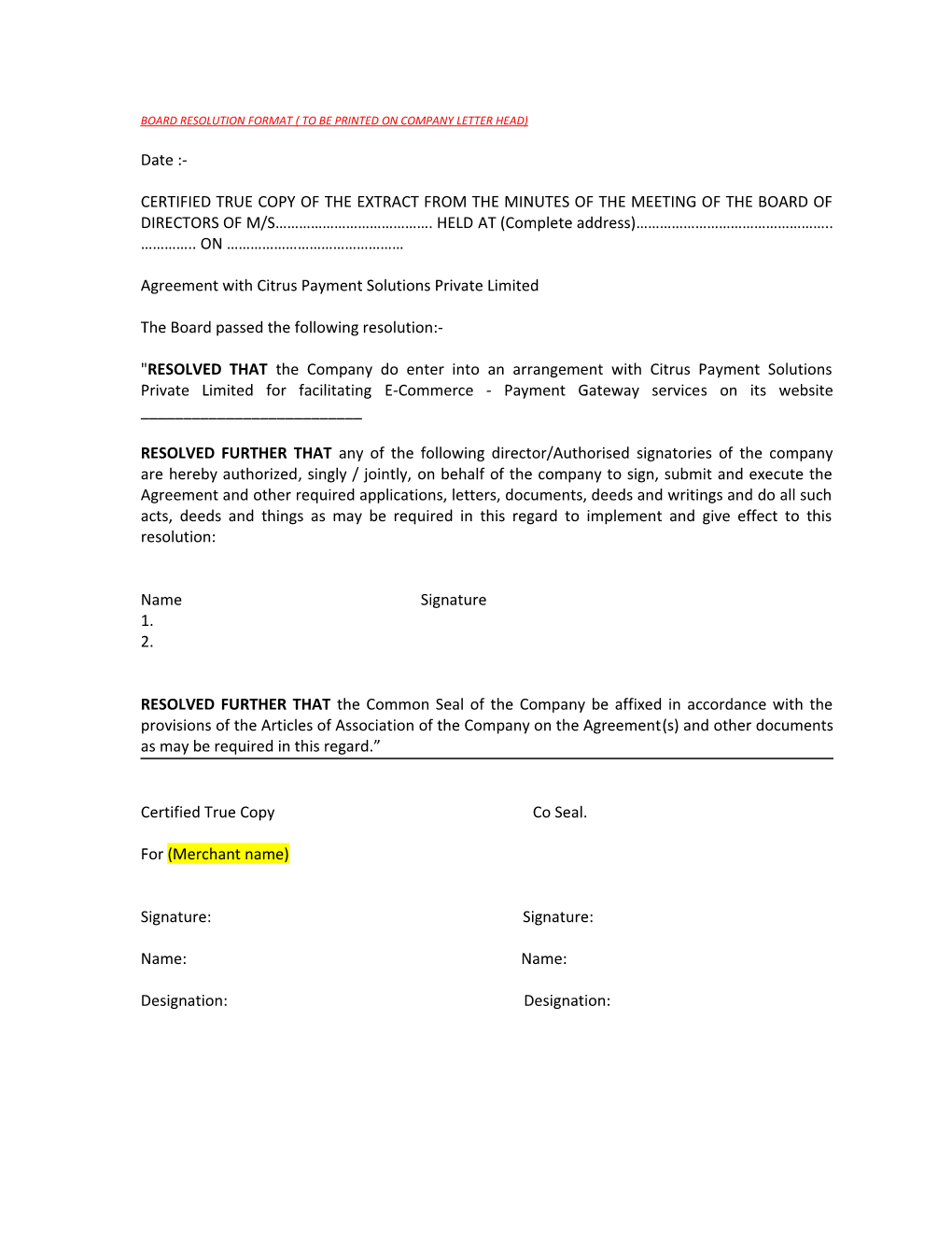 Format of Board Resolution