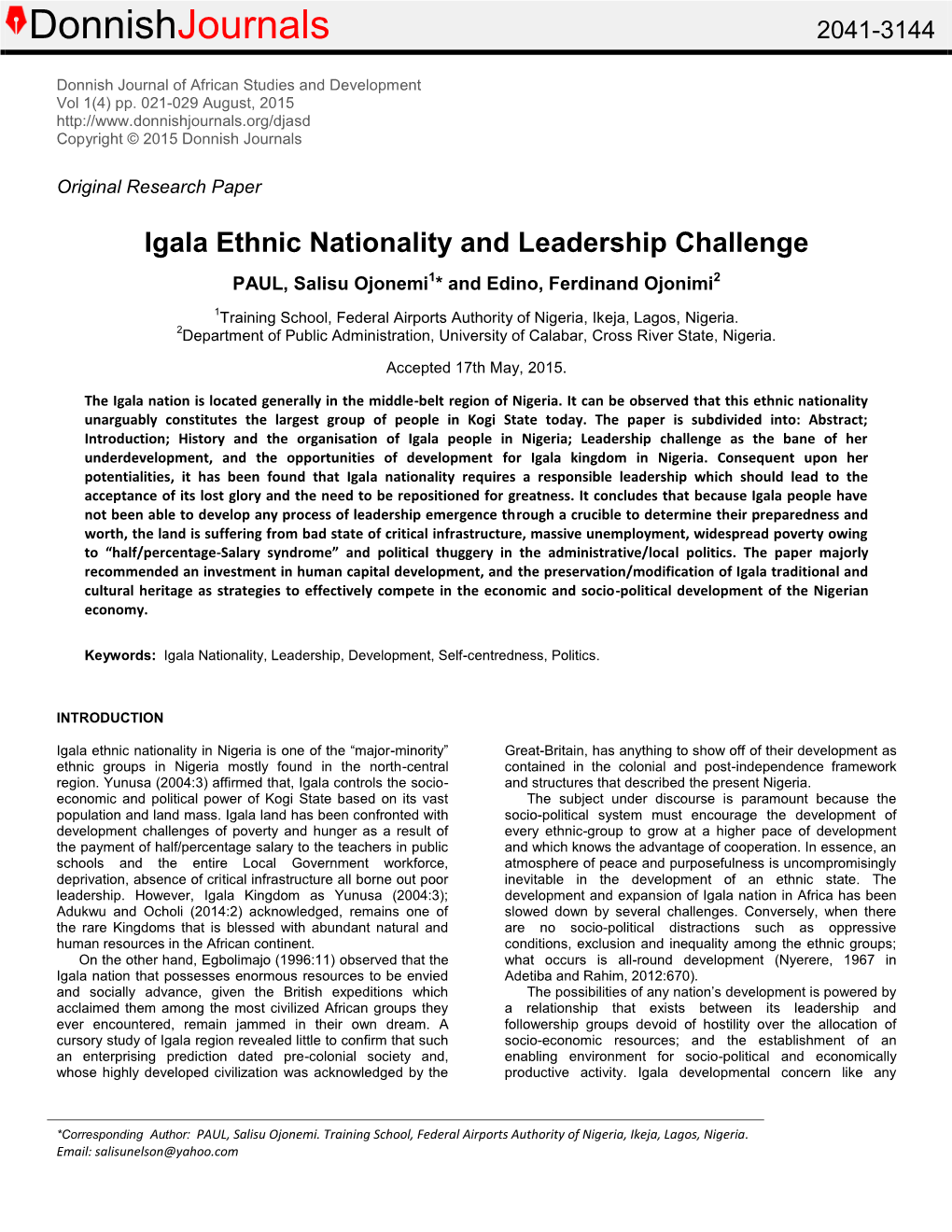 Igala Ethnic Nationality and Leadership Challenge