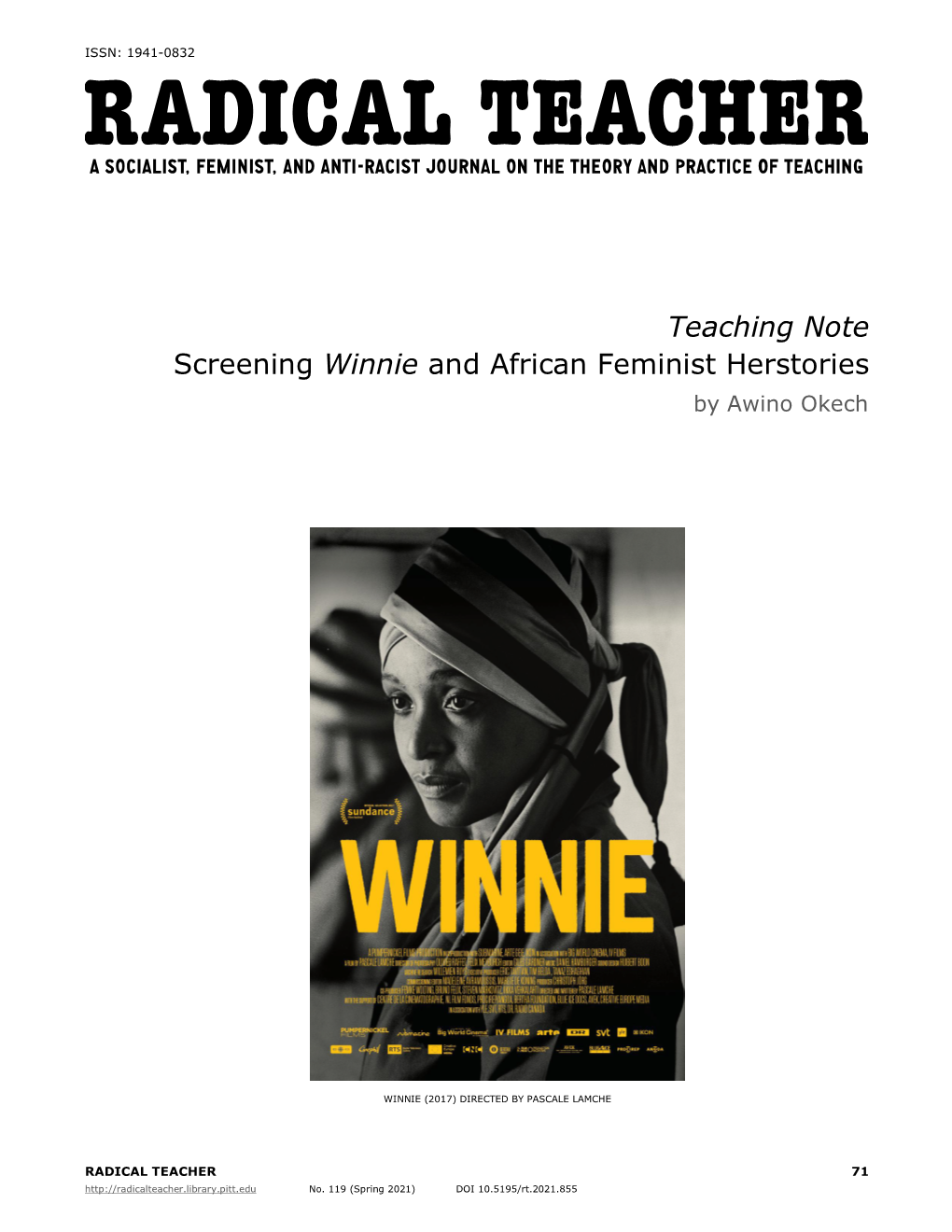 Teaching Note Screening Winnie and African Feminist Herstories by Awino Okech