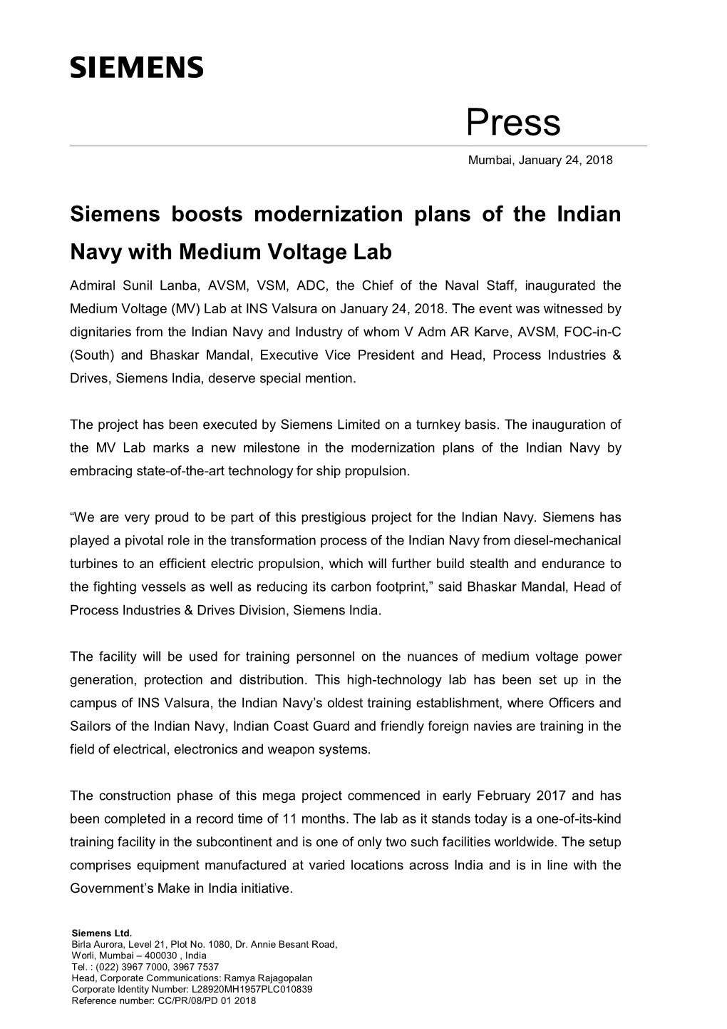 Siemens Boosts Modernization Plans of the Indian Navy with Medium Voltage Lab