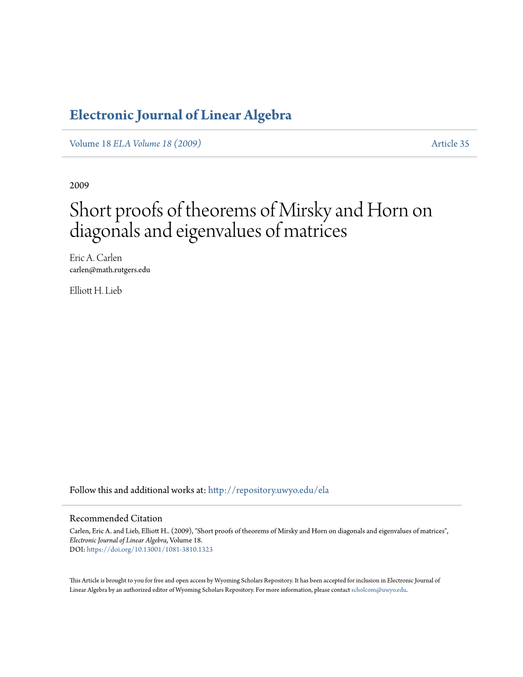 Short Proofs of Theorems of Mirsky and Horn on Diagonals and Eigenvalues of Matrices Eric A