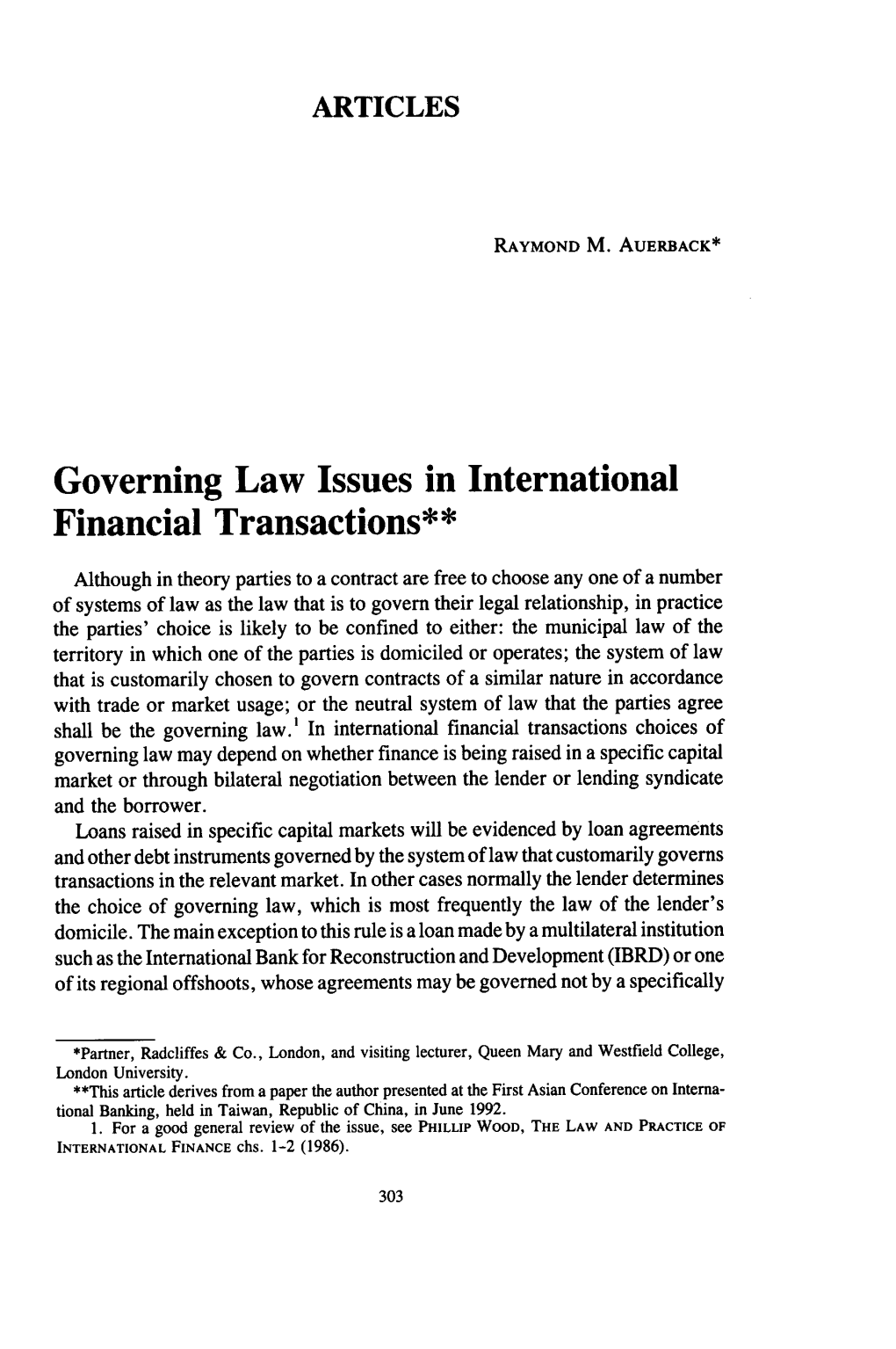 Governing Law Issues in International Financial Transactions**