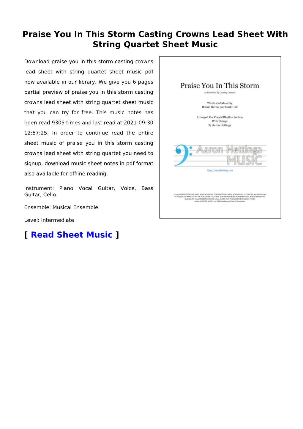 Praise You in This Storm Casting Crowns Lead Sheet with String Quartet Sheet Music