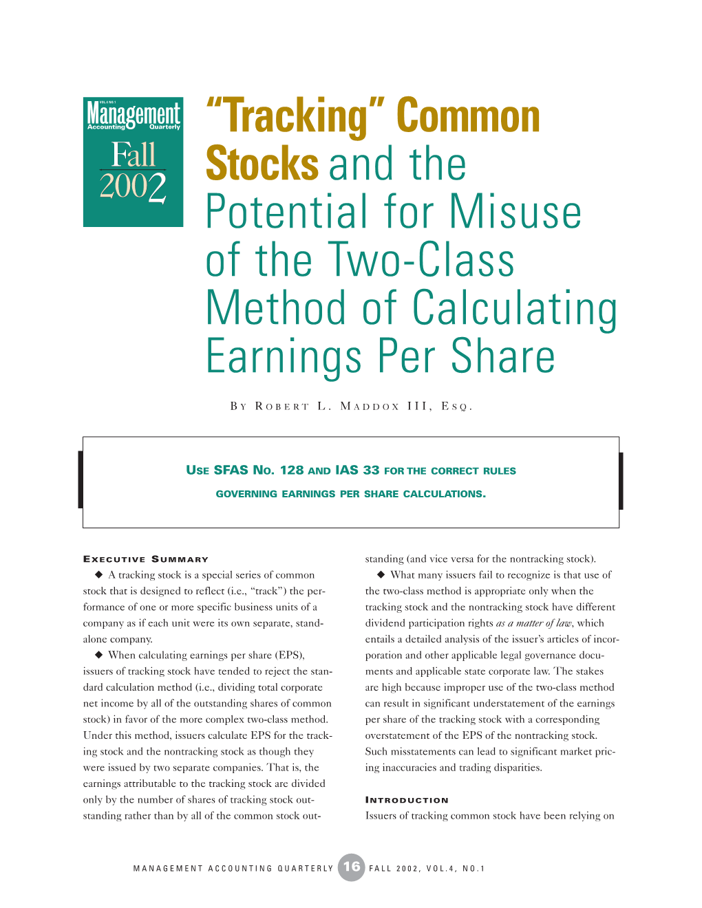 Tracking” Common Fall Stocks and the 2002 Potential for Misuse of the Two-Class Method of Calculating Earnings Per Share