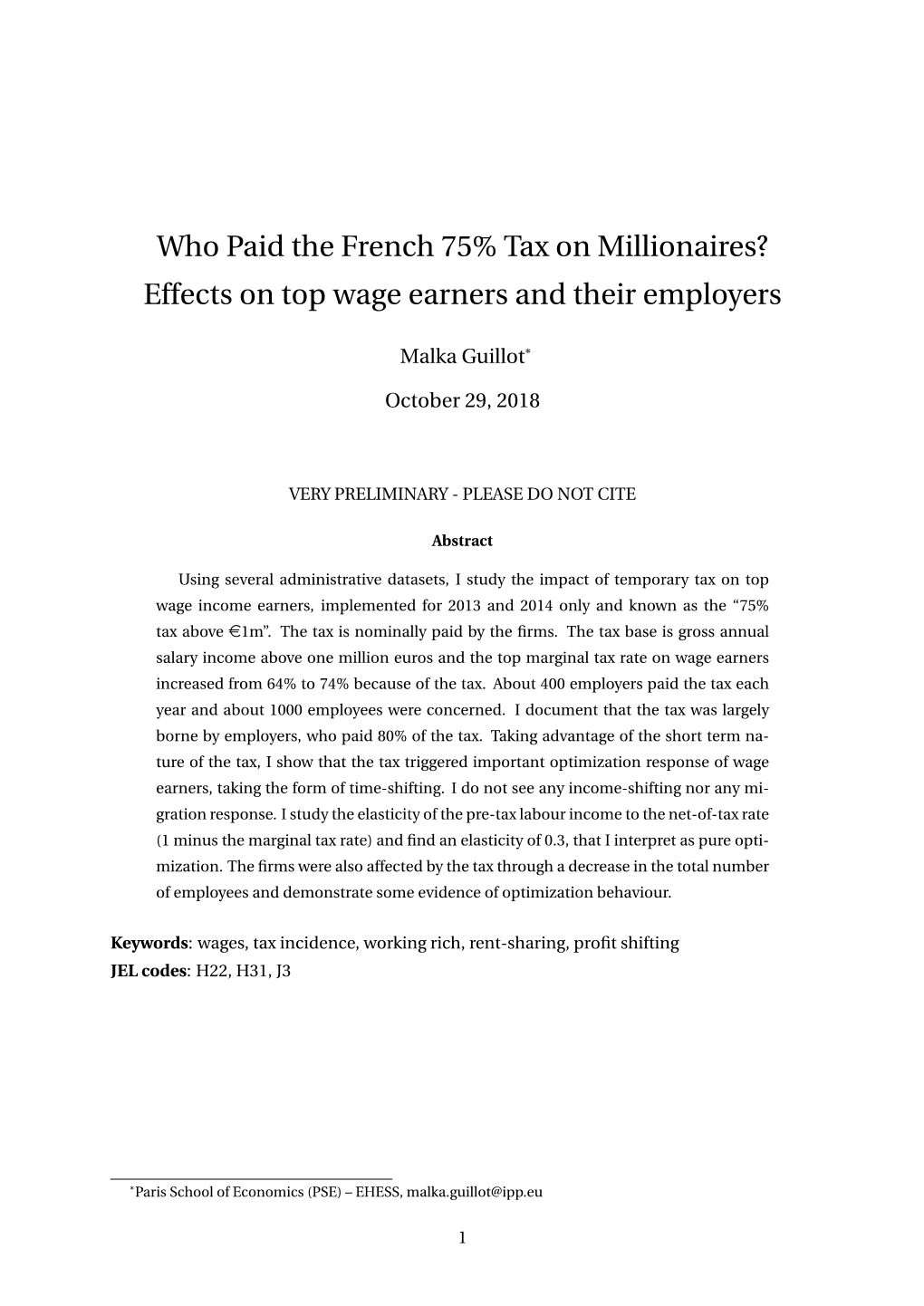 Who Paid the French 75% Tax on Millionaires? Effects on Top Wage Earners and Their Employers