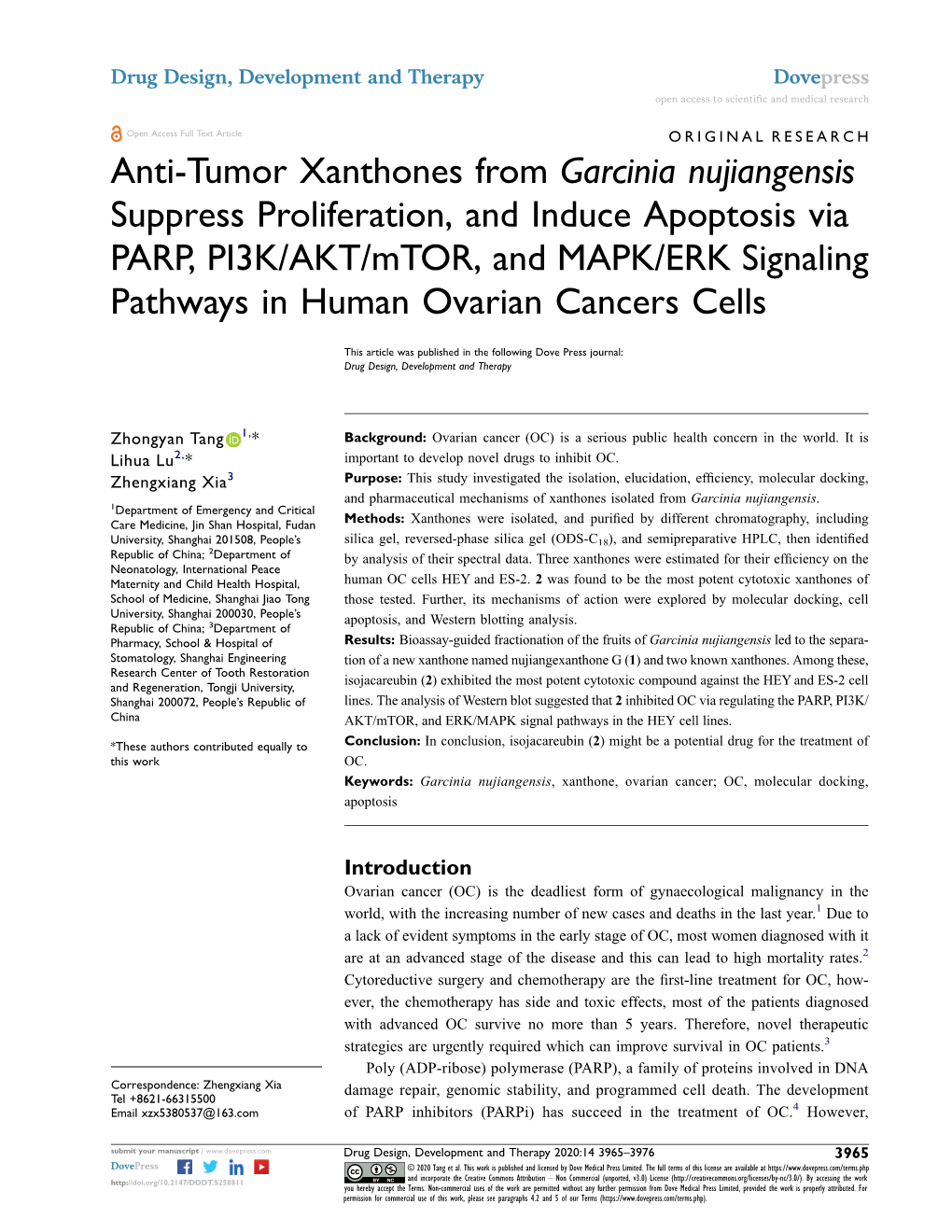 Anti-Tumor Xanthones from Garcinia Nujiangensis Suppress Proliferation, and Induce Apoptosis Via PARP, PI3K/AKT/Mtor, and MAPK/E