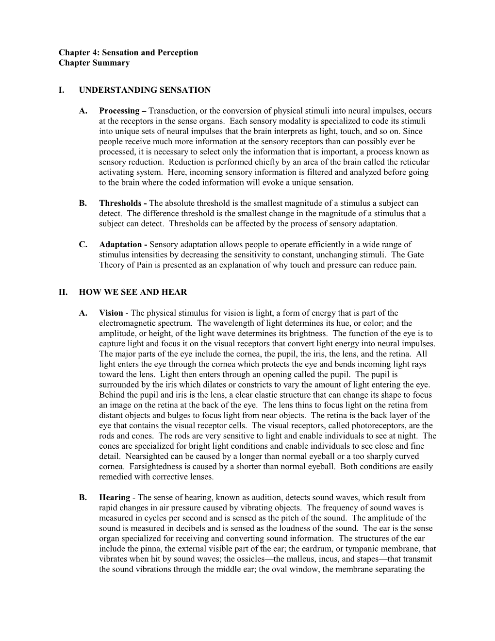 Chapter 4: Sensation and Perception Chapter Summary