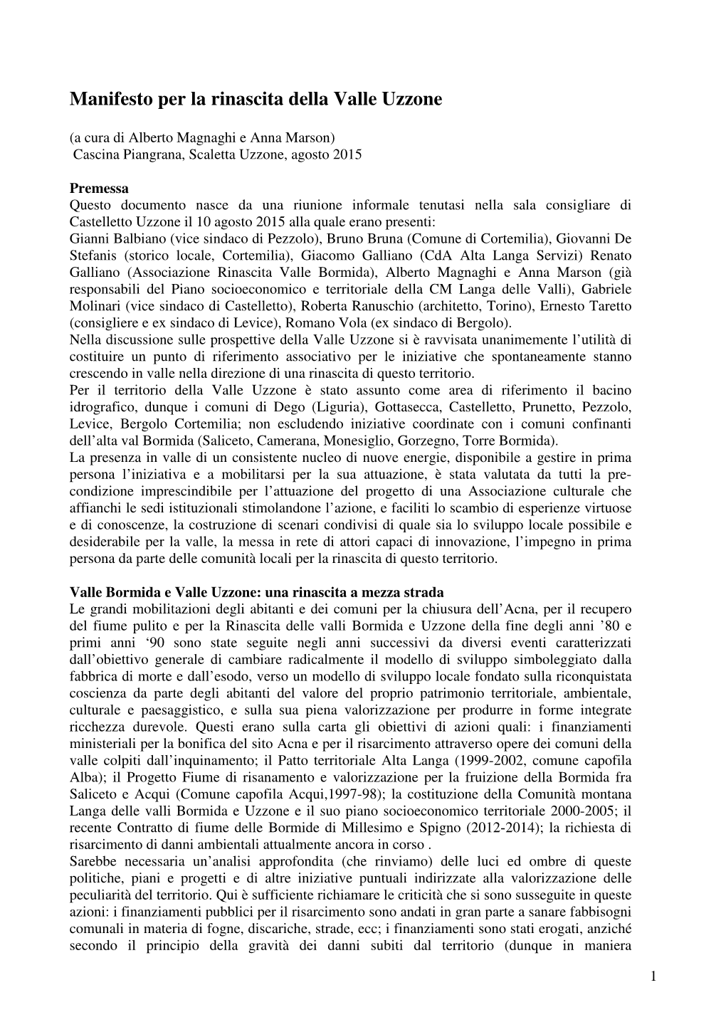 Manifesto Per La Rinascita Della Valle Uzzone