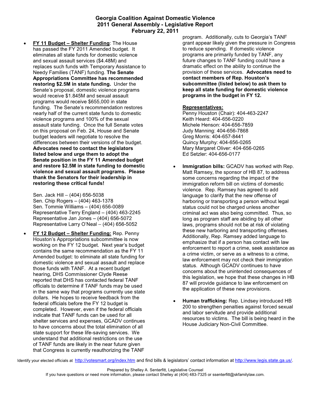 Legislative Report February 22, 2011 Program
