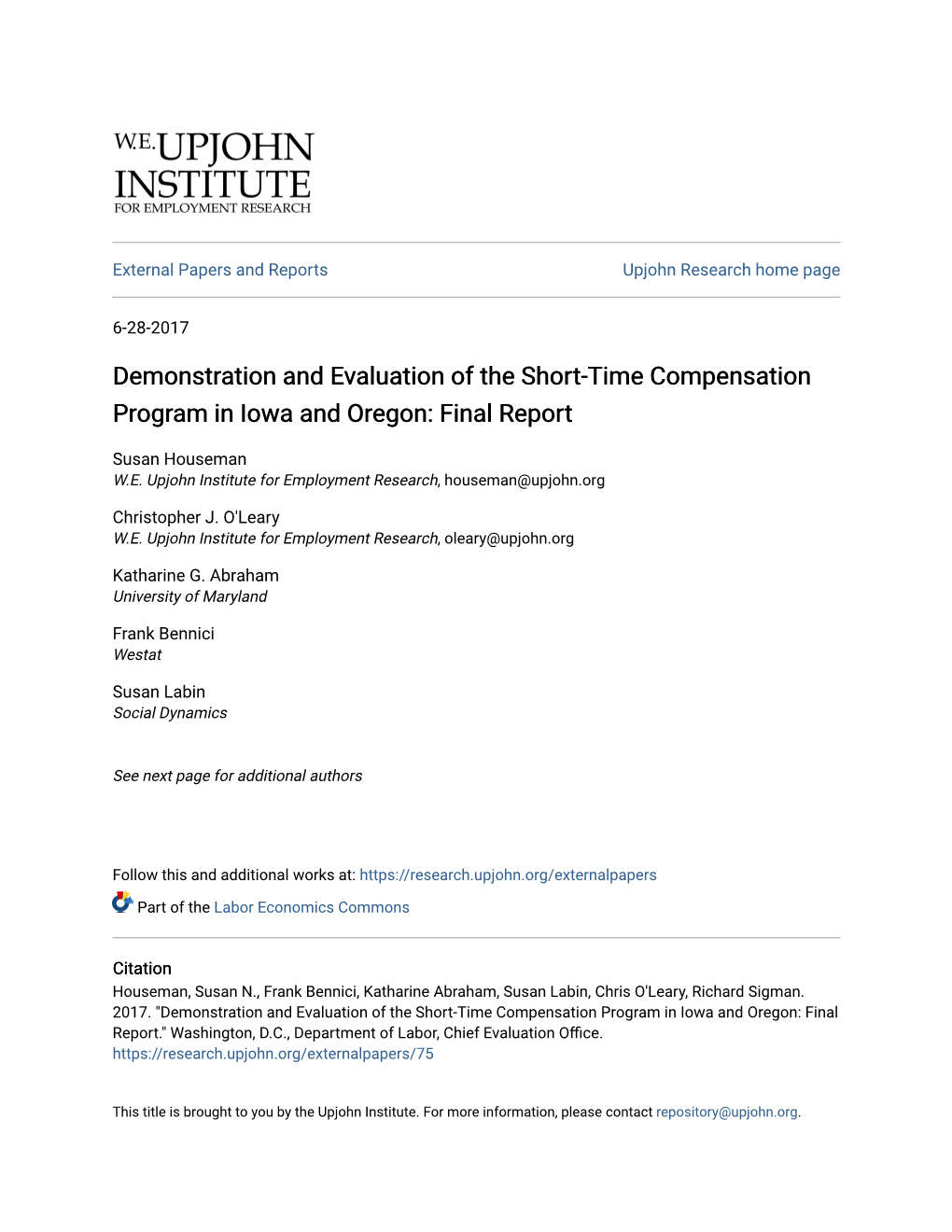 Demonstration and Evaluation of the Short-Time Compensation Program in Iowa and Oregon: Final Report