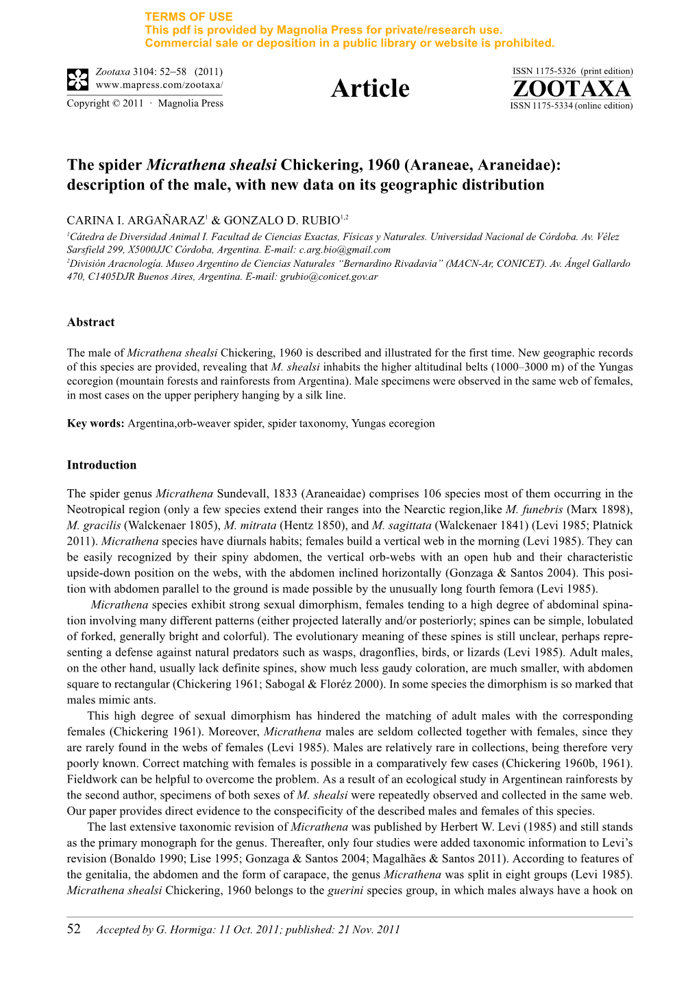 The Spider Micrathena Shealsi Chickering, 1960 (Araneae, Araneidae): Description of the Male, with New Data on Its Geographic Distribution