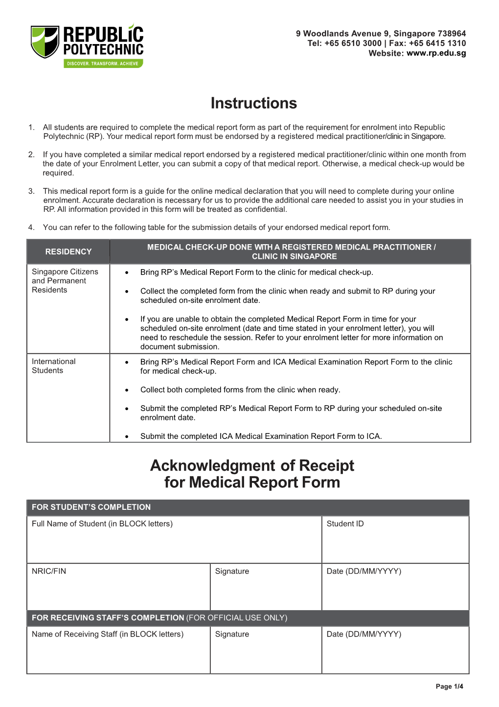 Instructions Acknowledgment of Receipt for Medical Report Form
