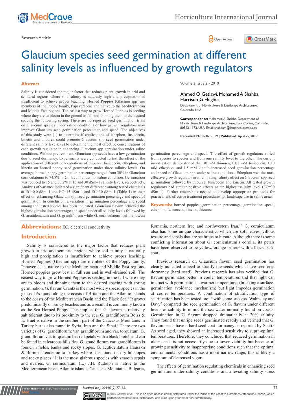 Glaucium Species Seed Germination at Different Salinity Levels As Influenced by Growth Regulators