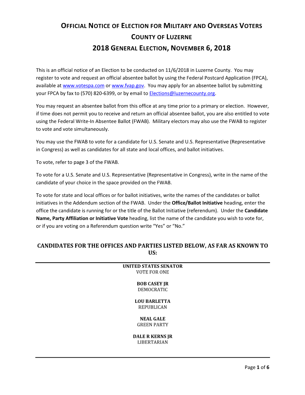 Official Notice of Election for Military and Overseas Voters County of Luzerne 2018 General Election, November 6, 2018