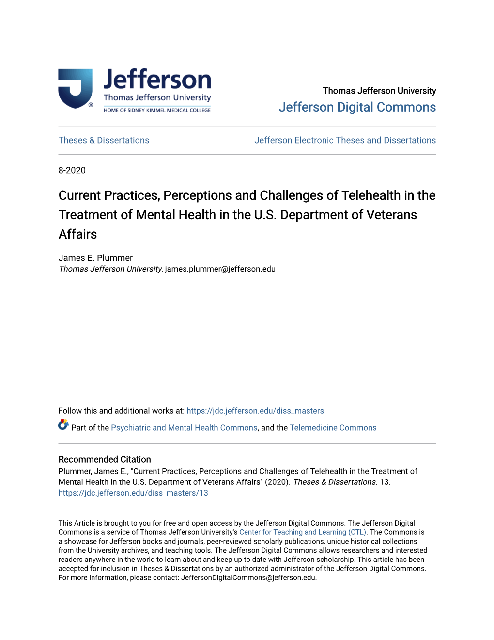 Current Practices, Perceptions and Challenges of Telehealth in the Treatment of Mental Health in the U.S