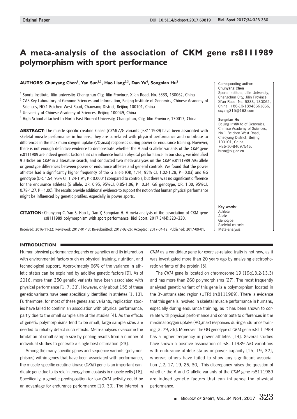 A Meta-Analysis of the Association of CKM Gene Rs8111989 Polymorphism with Sport Performance