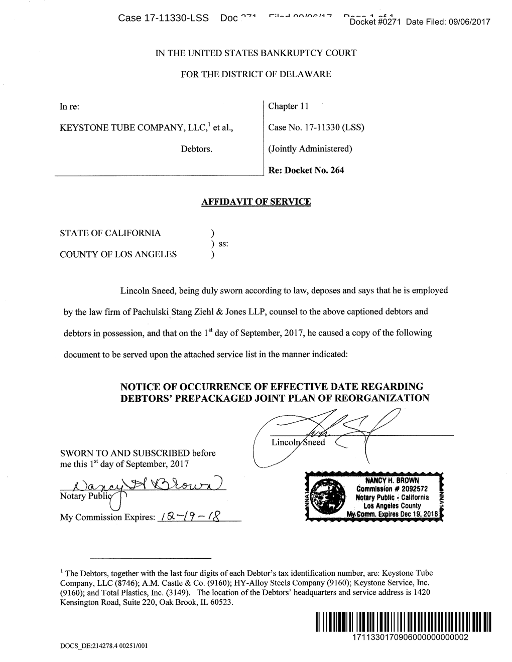 Oc 271 Filed 09/06/17 Page 1 of 1 Case 17-11330-LSS Doc 271-1 Filed 09/06/17 Page 1 of 59