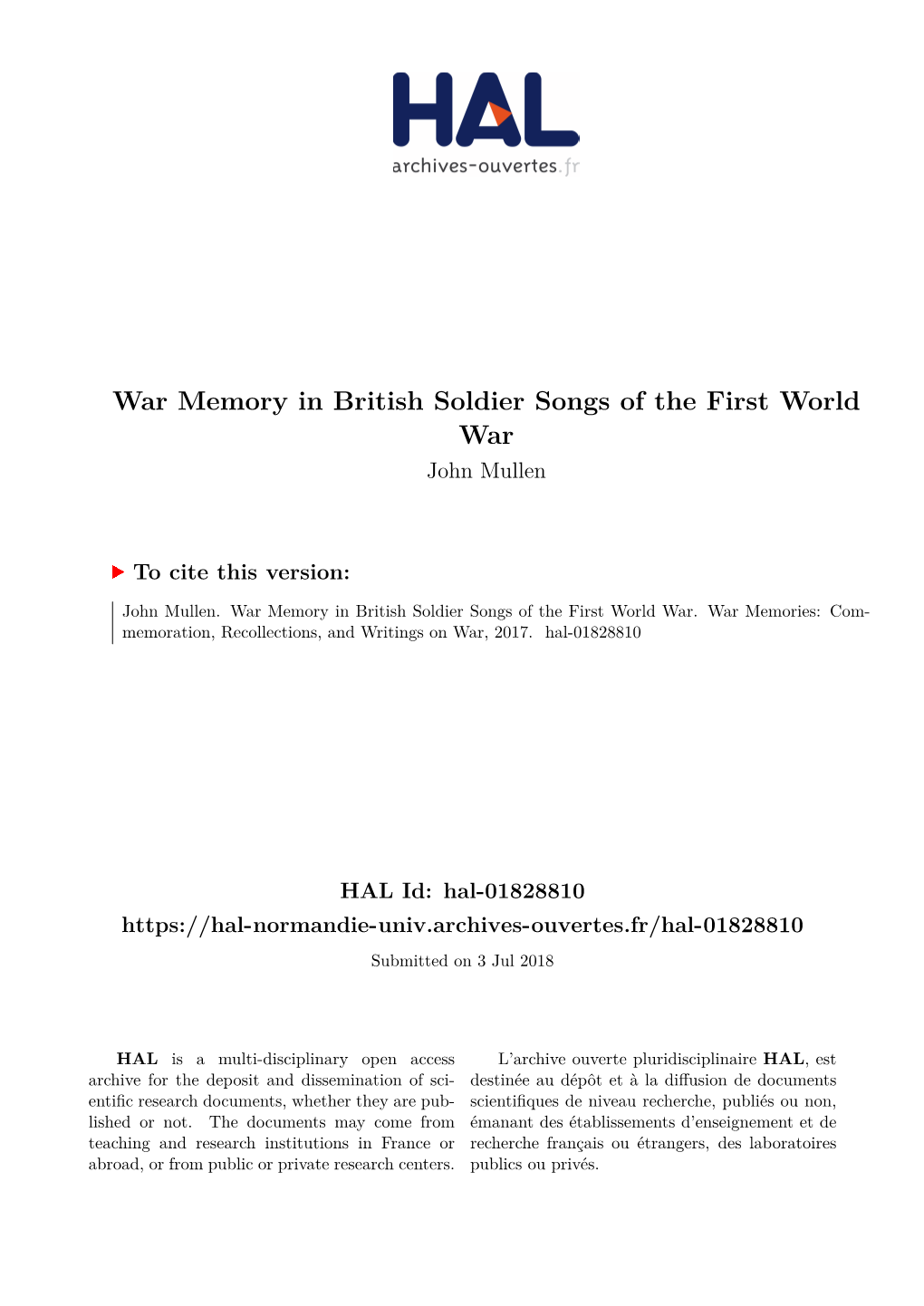 War Memory in British Soldier Songs of the First World War John Mullen