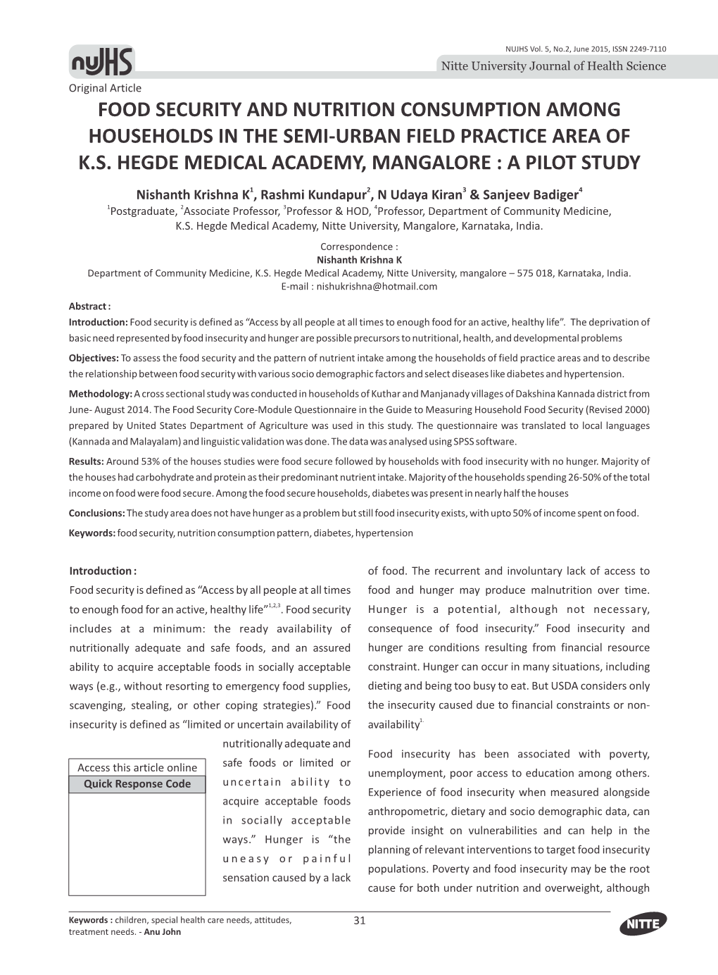 Food Security and Nutrition Consumption Among Households in the Semi-Urban Field Practice Area of K.S