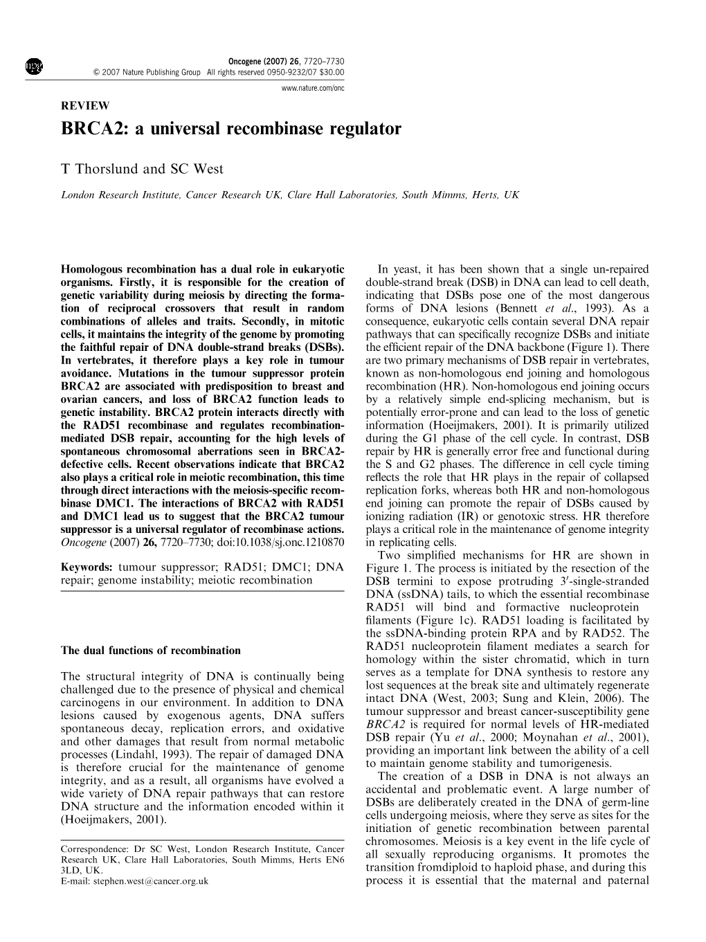 BRCA2: a Universal Recombinase Regulator