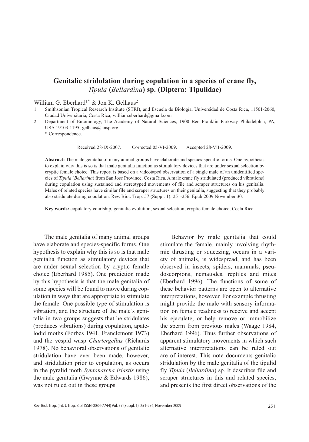 Genitalic Stridulation During Copulation in a Species of Crane Fly, Tipula (Bellardina) Sp