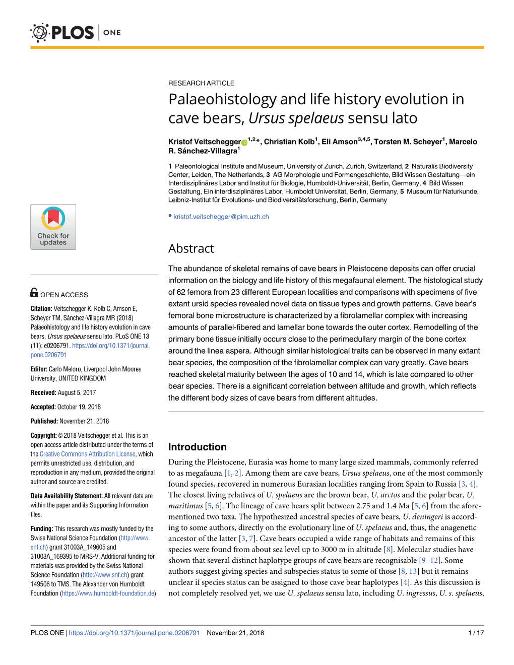 Palaeohistology and Life History Evolution in Cave Bears, Ursus Spelaeus Sensu Lato