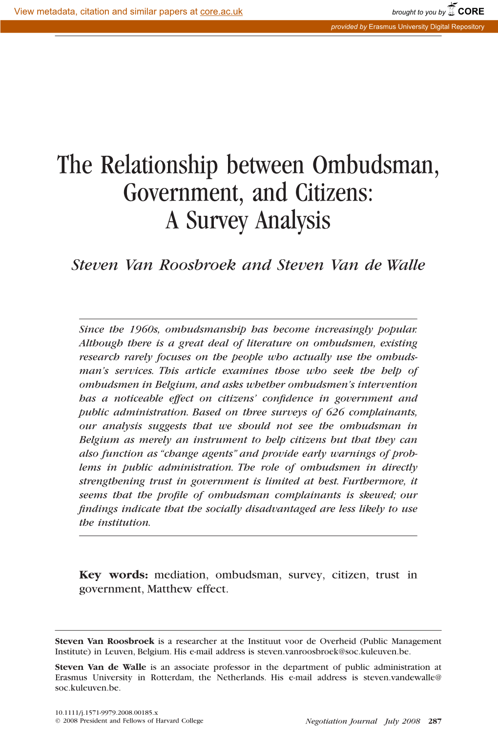 The Relationship Between Ombudsman, Government, and Citizens: a Survey Analysis