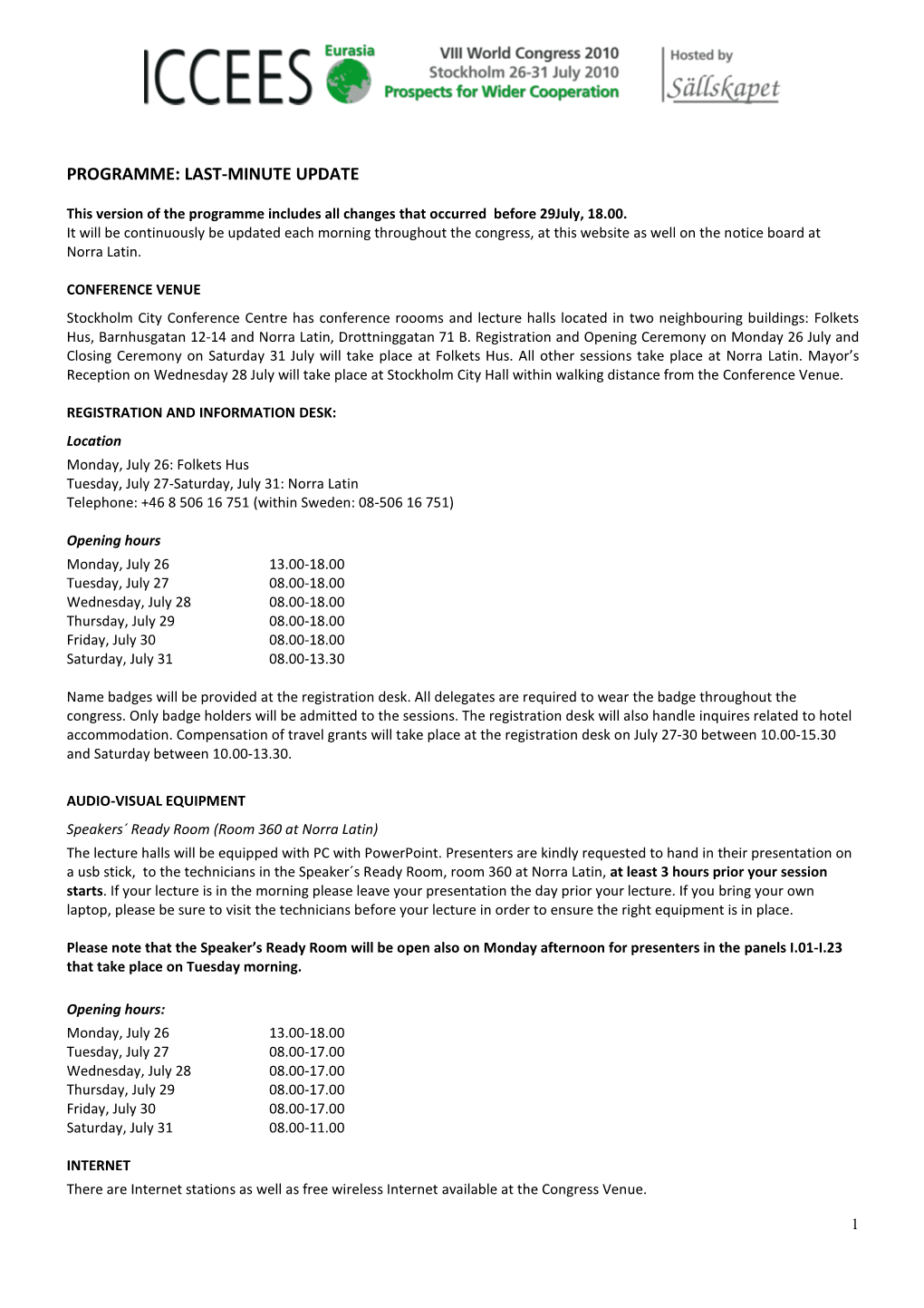 Programme: Last-Minute Update